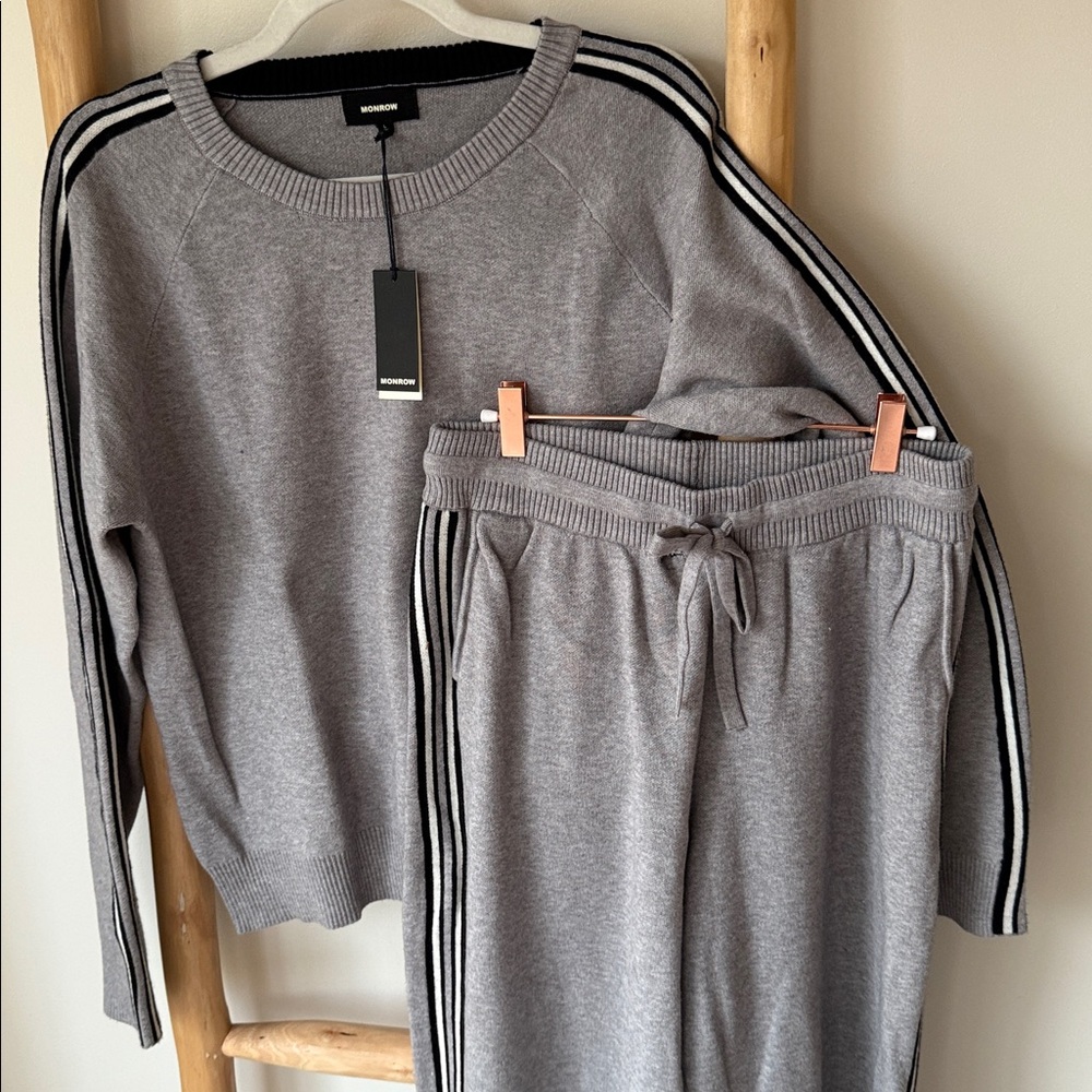 NEW Monrow Set Soft Knit Cozy Gray Luxury Lounge Jogger Sweater Sporty Stripe L - Picture 6 of 16